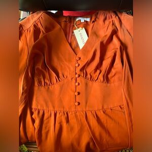 Orange V Neck Pleated Button Midi Dress